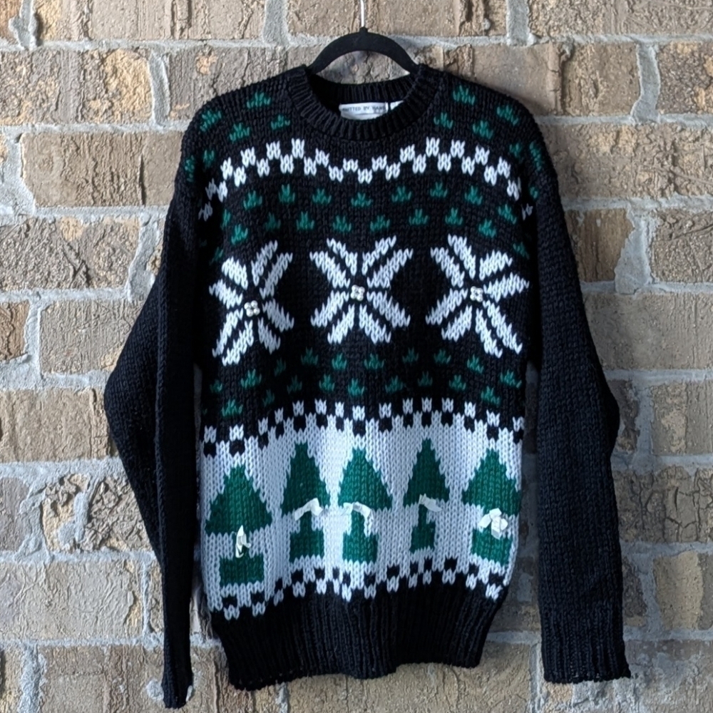 VTG 80s Handknit Adell Barre Black White Green Holiday Sweater Large Pine Trees